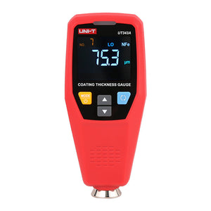 UNI-T UT343A Coating Thickness Gauge – Fe & NFe, 0–1750 µm, ±(3%+1), Auto Substrate Recognition, 199-Group Memory, Paint & Plating DFT Tester - a digital display showing 75.3 µm, NFe, and LO, with control buttons and a bottom sensor probe.