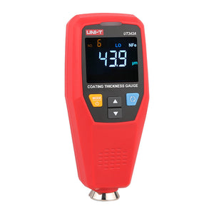 UNI-T UT343A Coating Thickness Gauge – Fe & NFe, 0–1750 µm, ±(3%+1), Auto Substrate Recognition, 199-Group Memory, Paint & Plating DFT Tester - a digital screen reading 43.9 µm with NFe and LO indicators, plus mode, arrow, and menu buttons.