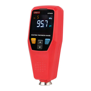 UNI-T UT343A Coating Thickness Gauge – Fe & NFe, 0–1750 µm, ±(3%+1), Auto Substrate Recognition, 199-Group Memory, Paint & Plating DFT Tester - a digital screen reading 95.7 µm, NFe mode, and control buttons on the front face.