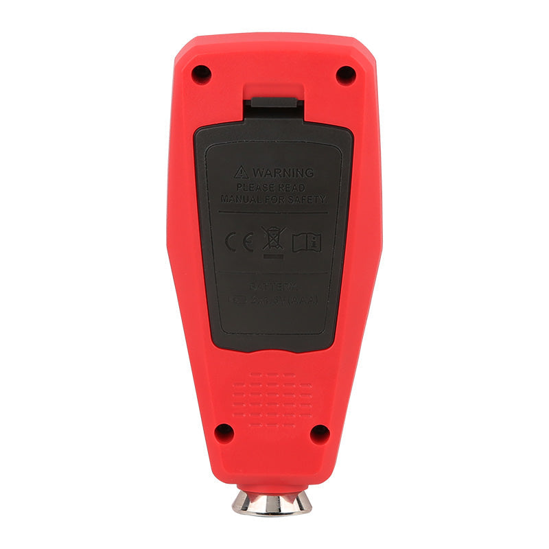 UNI-T UT343A Coating Thickness Gauge – Fe & NFe, 0–1750 µm, ±(3%+1), Auto Substrate Recognition, 199-Group Memory, Paint & Plating DFT Tester - shown from the back, featuring a red rubberized casing, a black battery compartment cover, and a metal sensor tip.