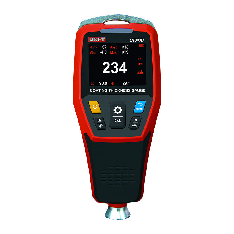 UNI-T UT343D Coating Thickness Gauge – Fe & NFe, 0–1250 µm, 0.1 µm Resolution, 2.0" TFT, USB + PC Software, 500-Group Memory, Paint & Galvanising Tester - a digital screen with a 234 reading, control buttons, and a bottom metal probe.