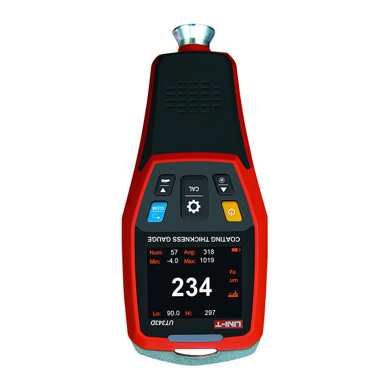 UNI-T UT343D Coating Thickness Gauge – Fe & NFe, 0–1250 µm, 0.1 µm Resolution, 2.0" TFT, USB + PC Software, 500-Group Memory, Paint & Galvanising Tester - a digital screen with readings, control buttons, and a top-mounted sensor probe.