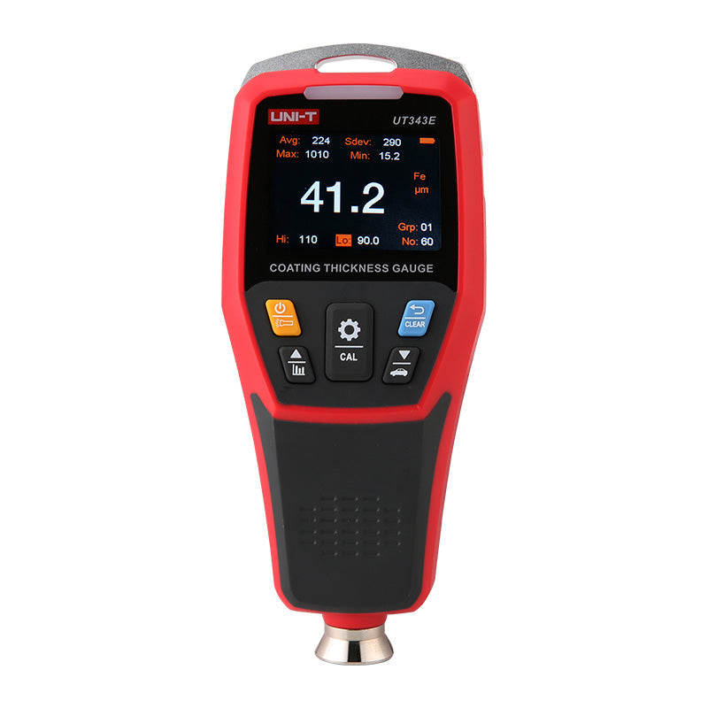 UNI-T UT343E Bluetooth Coating Thickness Gauge – Fe & NFe, 0–2000 µm, ±(2%+2), Colour TFT, App + PC Software, Voice Broadcast, 3300 Readings - a digital screen with 41.2 µm reading, control buttons, and a bottom metal sensor probe.
