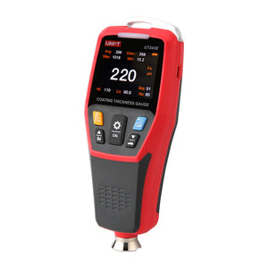 UNI-T UT343E Bluetooth Coating Thickness Gauge – Fe & NFe, 0–2000 µm, ±(2%+2), Colour TFT, App + PC Software, Voice Broadcast, 3300 Readings - a digital screen reading 220 µm, control buttons, and a bottom metallic sensor probe.