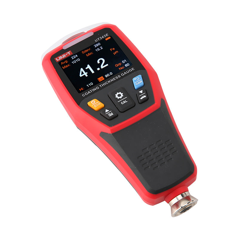 UNI-T UT343E Bluetooth Coating Thickness Gauge – Fe & NFe, 0–2000 µm, ±(2%+2), Colour TFT, App + PC Software, Voice Broadcast, 3300 Readings - a color screen with a 41.2 µm reading, control buttons, and a bottom probe sensor.
