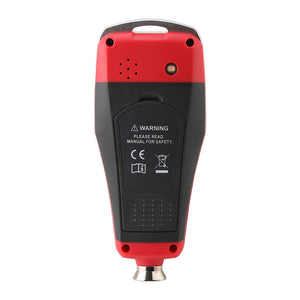UNI-T UT343E Bluetooth Coating Thickness Gauge – Fe & NFe, 0–2000 µm, ±(2%+2), Colour TFT, App + PC Software, Voice Broadcast, 3300 Readings - rear view showing the red and black plastic casing, a warning label, speaker holes, and a metallic sensor tip.
