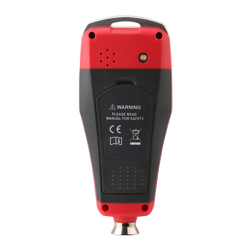 UNI-T UT343E Bluetooth Coating Thickness Gauge – Fe & NFe, 0–2000 µm, ±(2%+2), Colour TFT, App + PC Software, Voice Broadcast, 3300 Readings - rear view showing the red and black plastic casing, a warning label, speaker holes, and a metallic sensor tip.