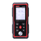 UNI-T UT345A Ultrasonic Thickness Gauge – Metal & Material, 1.00–300.00 mm, ±0.1 mm, Sound Velocity 1000–9999 m/s, 2.4" LCD, 300 Memory, USB-C Rechargeable - a digital screen reading 4.34 mm with control buttons and a metallic circular sensor.