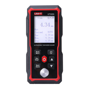 UNI-T UT345A Ultrasonic Thickness Gauge – Metal & Material, 1.00–300.00 mm, ±0.1 mm, Sound Velocity 1000–9999 m/s, 2.4" LCD, 300 Memory, USB-C Rechargeable - a digital screen reading 4.34 mm with control buttons and a metallic circular sensor.