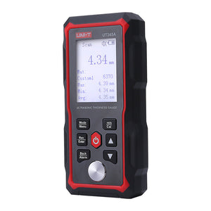 UNI-T UT345A Ultrasonic Thickness Gauge – Metal & Material, 1.00–300.00 mm, ±0.1 mm, Sound Velocity 1000–9999 m/s, 2.4" LCD, 300 Memory, USB-C Rechargeable - a black and red handheld device with a 2.4" LCD displaying 4.34 mm, control buttons, and a round sensor.