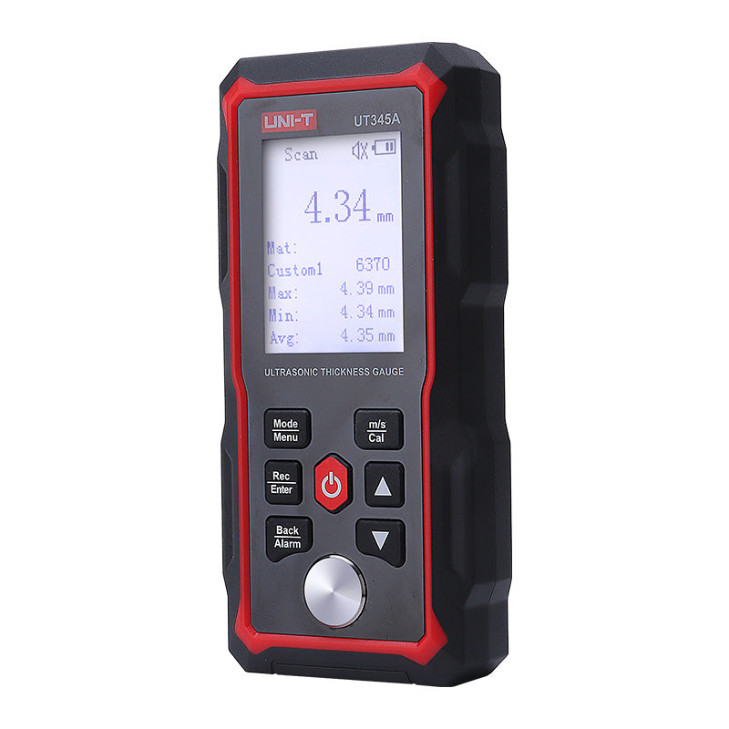 UNI-T UT345A Ultrasonic Thickness Gauge – Metal & Material, 1.00–300.00 mm, ±0.1 mm, Sound Velocity 1000–9999 m/s, 2.4" LCD, 300 Memory, USB-C Rechargeable - a black and red handheld device with a 2.4" LCD displaying 4.34 mm, control buttons, and a round sensor.