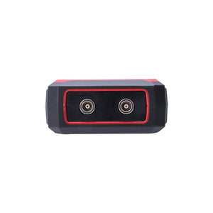 UNI-T UT345A Ultrasonic Thickness Gauge – Metal & Material, 1.00–300.00 mm, ±0.1 mm, Sound Velocity 1000–9999 m/s, 2.4" LCD, 300 Memory, USB-C Rechargeable - close-up view of the black and red top panel featuring two circular metal probe connectors.