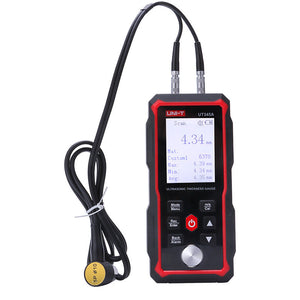 UNI-T UT345A Ultrasonic Thickness Gauge – Metal & Material, 1.00–300.00 mm, ±0.1 mm, Sound Velocity 1000–9999 m/s, 2.4" LCD, 300 Memory, USB-C Rechargeable - with a black and red handheld body, LCD screen displaying 4.34 mm, control buttons, and a connected probe.