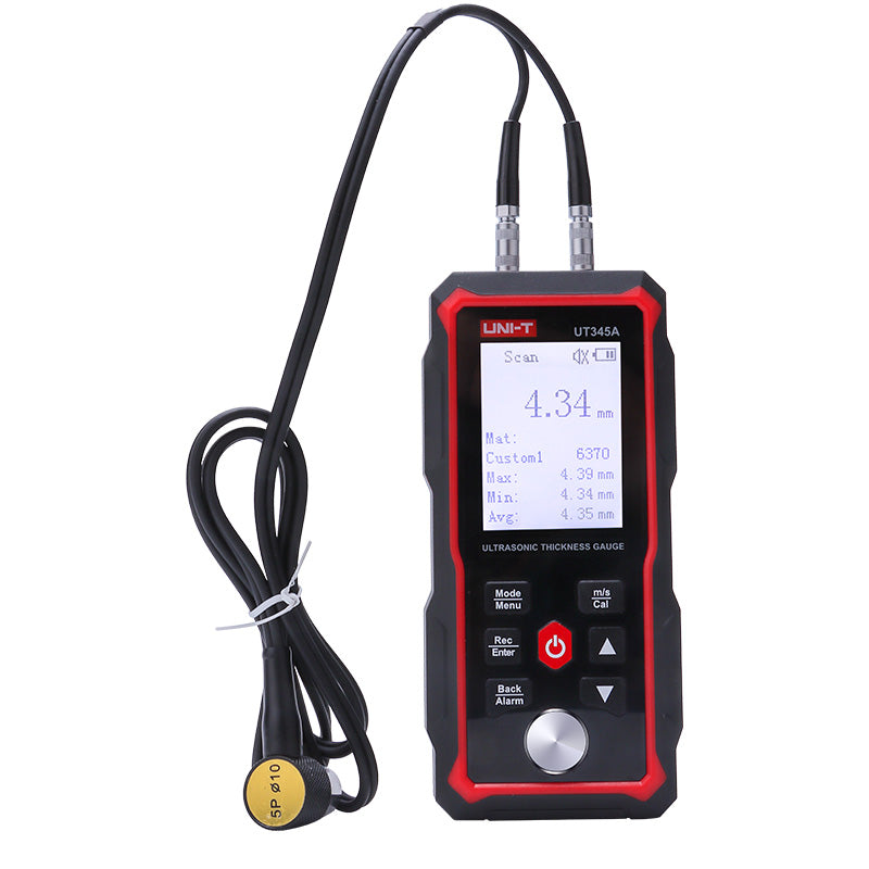 UNI-T UT345A Ultrasonic Thickness Gauge – Metal & Material, 1.00–300.00 mm, ±0.1 mm, Sound Velocity 1000–9999 m/s, 2.4" LCD, 300 Memory, USB-C Rechargeable - with a black and red handheld body, LCD screen displaying 4.34 mm, control buttons, and a connected probe.