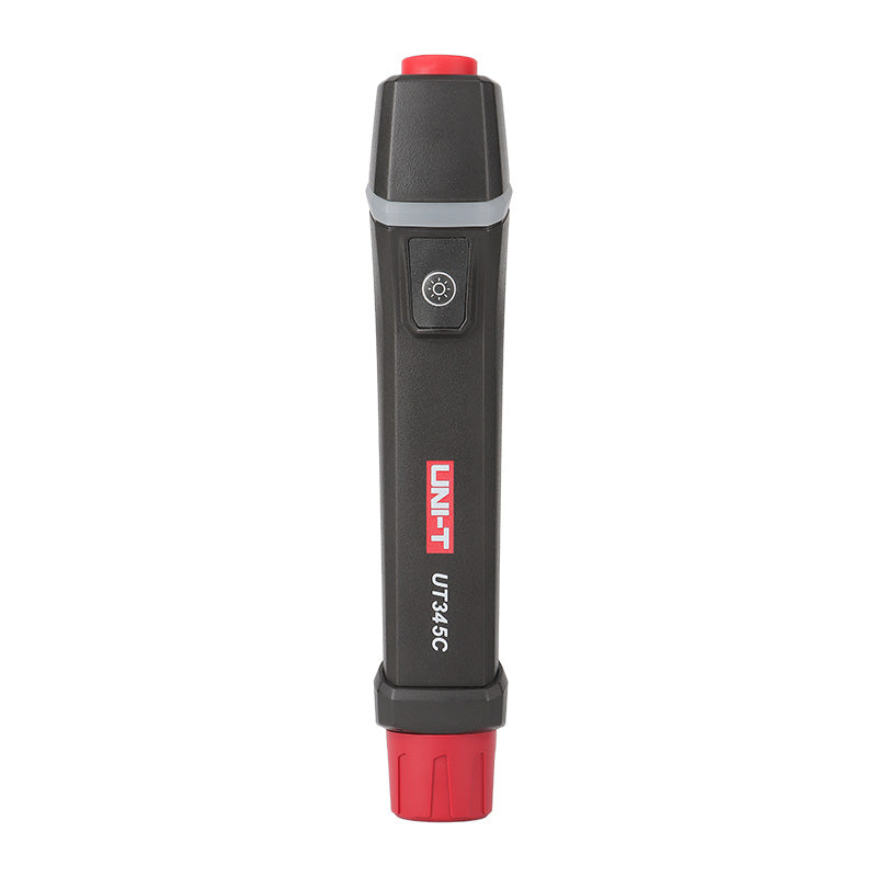 UNI-T UT345C Ultrasonic LPG Gas Cylinder Level Checker – Propane / Butane 8–14", No-Contact Liquid Level Indicator, LED, Pen Design with Flashlight - black and red pen-style casing with a top power button and a central light button.