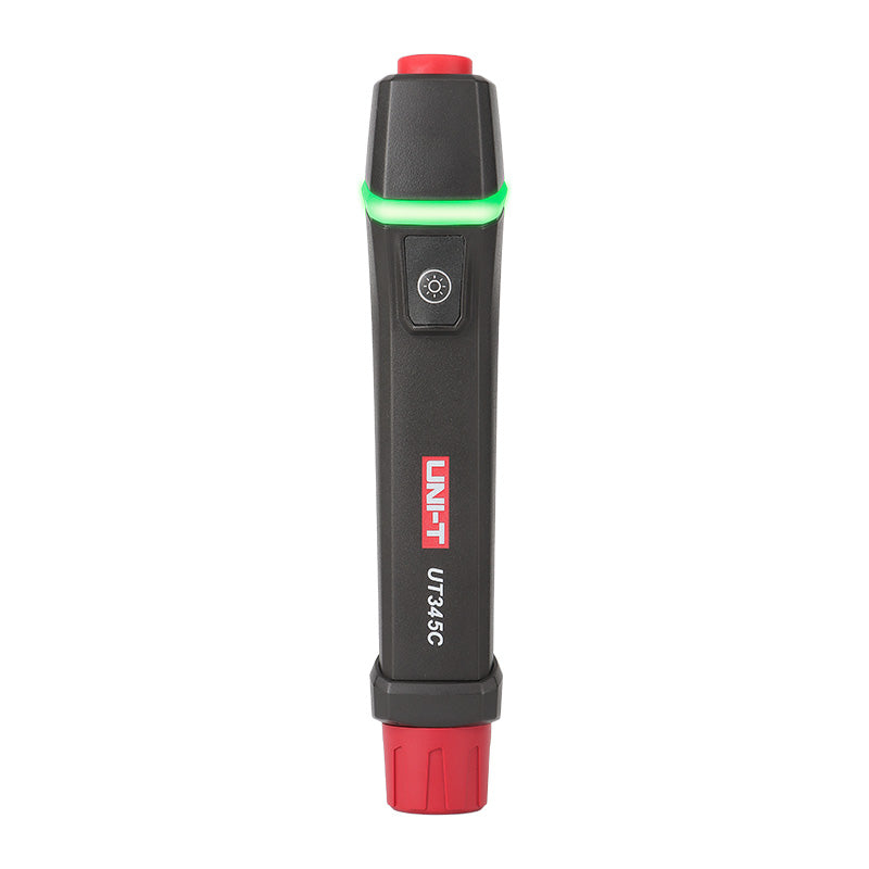 UNI-T UT345C Ultrasonic LPG Gas Cylinder Level Checker – Propane / Butane 8–14", No-Contact Liquid Level Indicator, LED, Pen Design with Flashlight - a central button and a glowing green LED indicator light.