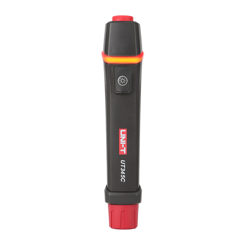 UNI-T UT345C Ultrasonic LPG Gas Cylinder Level Checker – Propane / Butane 8–14", No-Contact Liquid Level Indicator, LED, Pen Design with Flashlight - central power button and an illuminated orange indicator light.