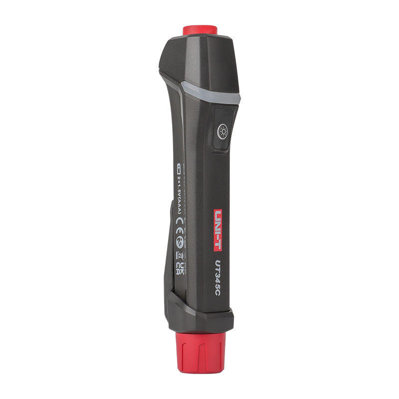 UNI-T UT345C Ultrasonic LPG Gas Cylinder Level Checker – Propane / Butane 8–14", No-Contact Liquid Level Indicator, LED, Pen Design with Flashlight - a top power button, a side flashlight button, and a red base.