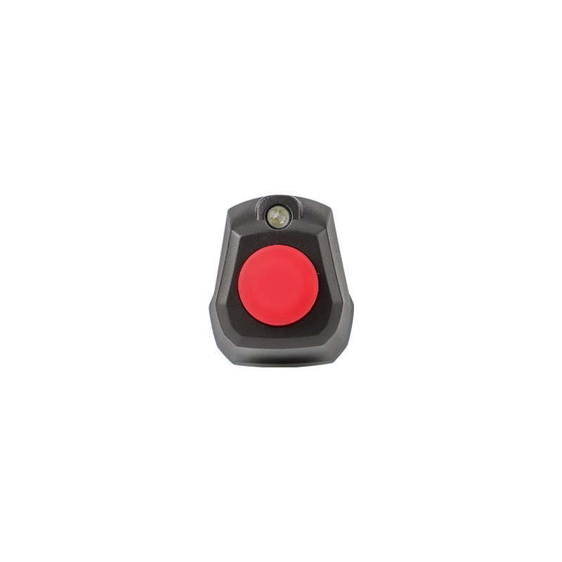 UNI-T UT345C Ultrasonic LPG Gas Cylinder Level Checker – Propane / Butane 8–14", No-Contact Liquid Level Indicator, LED, Pen Design with Flashlight - a close-up view of the black device featuring a large red circular button and a small LED light.