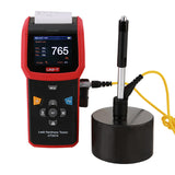 UNI-T UT347A Leeb Hardness Tester – Portable, HL/HB/HRC/HRB/HV/HS, D-Type Impact Device, 2.8" Colour TFT, 900 Memory, Bluetooth App, Thermal Printer - with a red and black handheld unit, digital screen showing 765 HL, thermal printer, and a connected impact device.