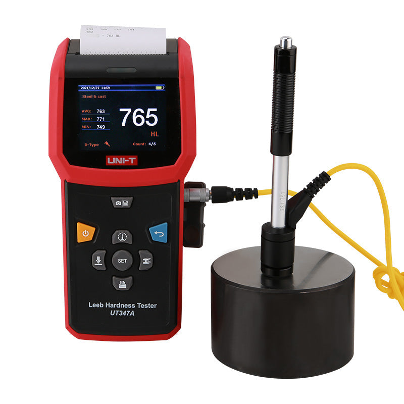 UNI-T UT347A Leeb Hardness Tester – Portable, HL/HB/HRC/HRB/HV/HS, D-Type Impact Device, 2.8" Colour TFT, 900 Memory, Bluetooth App, Thermal Printer - with a red and black handheld unit, digital screen showing 765 HL, thermal printer, and a connected impact device.