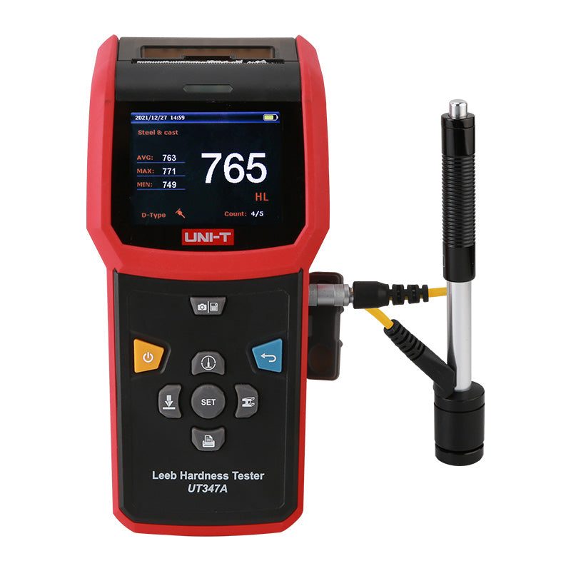UNI-T UT347A Leeb Hardness Tester – Portable, HL/HB/HRC/HRB/HV/HS, D-Type Impact Device, 2.8" Colour TFT, 900 Memory, Bluetooth App, Thermal Printer - a red and black handheld device with a 2.8" display reading 765 HL, connected to a D-type impact probe via a yellow cord.