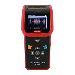 UNI-T UT347A Leeb Hardness Tester – Portable, HL/HB/HRC/HRB/HV/HS, D-Type Impact Device, 2.8" Colour TFT, 900 Memory, Bluetooth App, Thermal Printer - a red and black handheld device with a central screen showing data logs, navigation buttons, and a thermal printer slot.