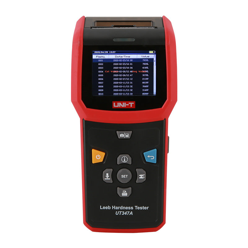 UNI-T UT347A Leeb Hardness Tester – Portable, HL/HB/HRC/HRB/HV/HS, D-Type Impact Device, 2.8" Colour TFT, 900 Memory, Bluetooth App, Thermal Printer - a red and black handheld device with a central screen showing data logs, navigation buttons, and a thermal printer slot.