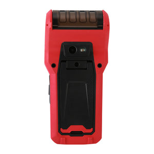 UNI-T UT347A Leeb Hardness Tester – Portable, HL/HB/HRC/HRB/HV/HS, D-Type Impact Device, 2.8" Colour TFT, 900 Memory, Bluetooth App, Thermal Printer - rear view showing a red, rugged handheld device with a black central panel, camera lens, flash, and top printer slot.