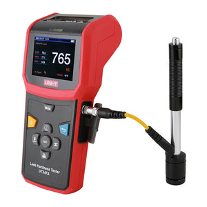 UNI-T UT347A Leeb Hardness Tester – Portable, HL/HB/HRC/HRB/HV/HS, D-Type Impact Device, 2.8" Colour TFT, 900 Memory, Bluetooth App, Thermal Printer - a red handheld device with a 2.8" color screen showing 765 HL, connected by a yellow cable to a D-type impact probe.