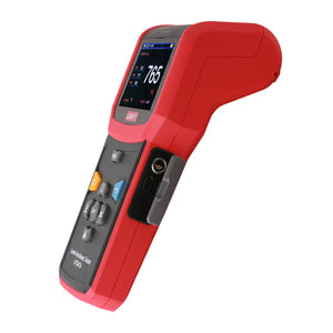 UNI-T UT347A Leeb Hardness Tester – Portable, HL/HB/HRC/HRB/HV/HS, D-Type Impact Device, 2.8" Colour TFT, 900 Memory, Bluetooth App, Thermal Printer - a red handheld device with a 2.8" display showing 765 HL, a keypad, and a side port with a grey rubber cover.