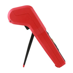 UNI-T UT347A Leeb Hardness Tester – Portable, HL/HB/HRC/HRB/HV/HS, D-Type Impact Device, 2.8" Colour TFT, 900 Memory, Bluetooth App, Thermal Printer - side view of the red handheld device with a black kickstand deployed.