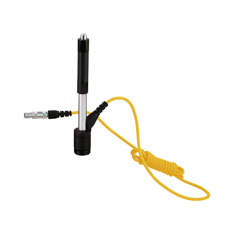 UNI-T UT347A Leeb Hardness Tester – Portable, HL/HB/HRC/HRB/HV/HS, D-Type Impact Device, 2.8" Colour TFT, 900 Memory, Bluetooth App, Thermal Printer - a black and silver D-type impact device probe with a coiled yellow cable and a metal connector.