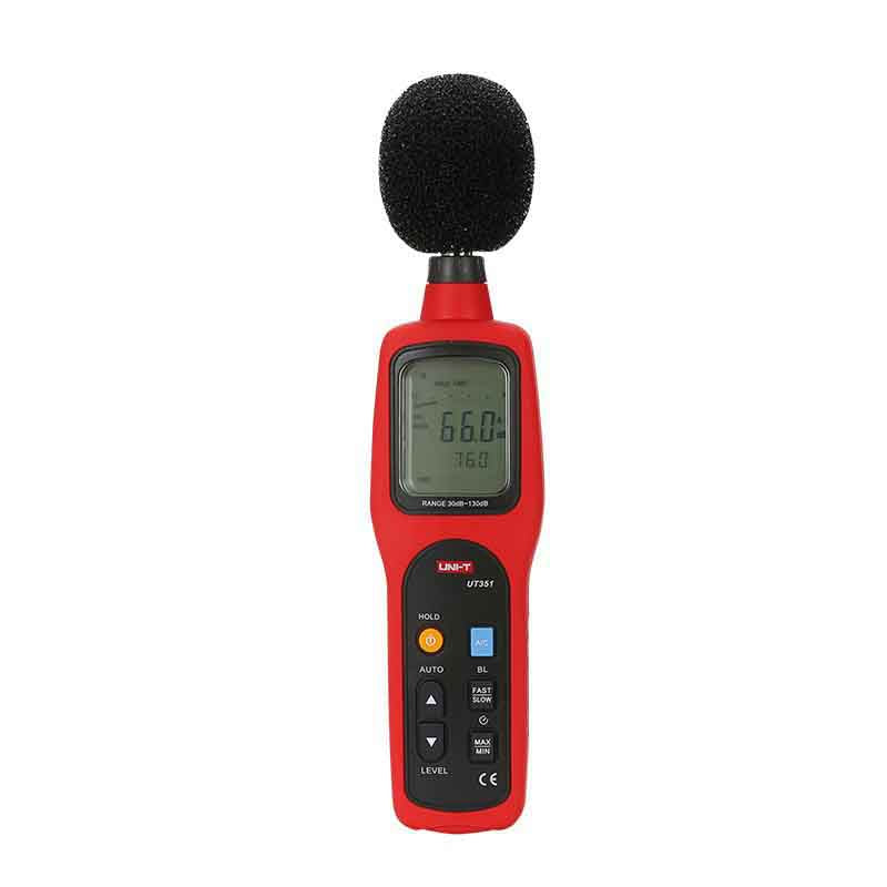 UNI-T UT351 Sound Level Meter – 30~130 dB, ±1.5 dB, A/C Weighting, Fast/Slow, 31.5 Hz~8 kHz, AC/DC Analogue Output - a red handheld device with a black microphone cover, a digital display showing 66.0, and various control buttons.