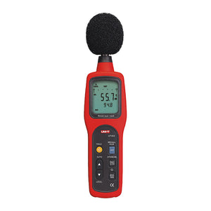 UNI-T UT352 Digital Sound Level Meter – 30–130 dB, ±1.5 dB, A/C Weighting, Fast/Slow, 31.5 Hz–8 kHz, MAX/MIN, AC/DC Output, Noise Meter - a black foam windscreen, a digital display showing 55.7 dB and 94.8, and various control buttons.