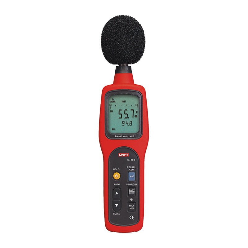 UNI-T UT352 Digital Sound Level Meter – 30–130 dB, ±1.5 dB, A/C Weighting, Fast/Slow, 31.5 Hz–8 kHz, MAX/MIN, AC/DC Output, Noise Meter - a black foam windscreen, a digital display showing 55.7 dB and 94.8, and various control buttons.