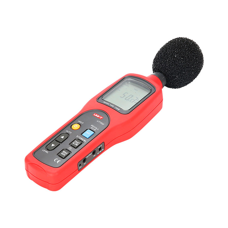 UNI-T UT352 Digital Sound Level Meter – 30–130 dB, ±1.5 dB, A/C Weighting, Fast/Slow, 31.5 Hz–8 kHz, MAX/MIN, AC/DC Output, Noise Meter - a red handheld device with a black foam microphone, a digital display showing 50.8, and various control buttons.