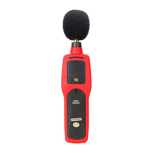 UNI-T UT352 Digital Sound Level Meter – 30–130 dB, ±1.5 dB, A/C Weighting, Fast/Slow, 31.5 Hz–8 kHz, MAX/MIN, AC/DC Output, Noise Meter - the red plastic back of the device with a black foam windscreen, a tripod mount, and a battery cover.