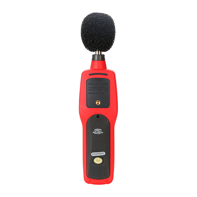 UNI-T UT352 Digital Sound Level Meter – 30–130 dB, ±1.5 dB, A/C Weighting, Fast/Slow, 31.5 Hz–8 kHz, MAX/MIN, AC/DC Output, Noise Meter - the red plastic back of the device with a black foam windscreen, a tripod mount, and a battery cover.
