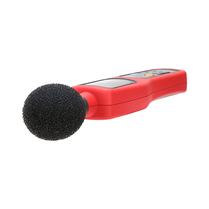 UNI-T UT352 Digital Sound Level Meter – 30–130 dB, ±1.5 dB, A/C Weighting, Fast/Slow, 31.5 Hz–8 kHz, MAX/MIN, AC/DC Output, Noise Meter - with a black foam microphone cover, red plastic body, and visible control buttons and display screen.