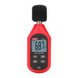 UNI-T UT353 Mini Sound Level Meter – 30–130 dB, A-Weighted, ±1.5 dB, Fast/Slow Response, MAX/MIN, 31.5Hz–8kHz, Compact Noise Meter with Windscreen - a red handheld device with a black windscreen, showing 68.7 dBA on its digital display and four control buttons.