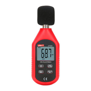 UNI-T UT353 Mini Sound Level Meter – 30–130 dB, A-Weighted, ±1.5 dB, Fast/Slow Response, MAX/MIN, 31.5Hz–8kHz, Compact Noise Meter with Windscreen - a red handheld device with a black windscreen, showing 68.7 dBA on its digital display and four control buttons.