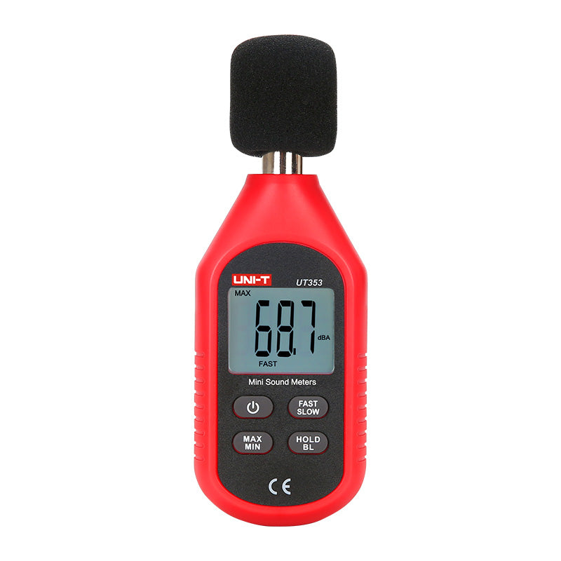 UNI-T UT353 Mini Sound Level Meter – 30–130 dB, A-Weighted, ±1.5 dB, Fast/Slow Response, MAX/MIN, 31.5Hz–8kHz, Compact Noise Meter with Windscreen - a red handheld device with a black windscreen, showing 68.7 dBA on its digital display and four control buttons.