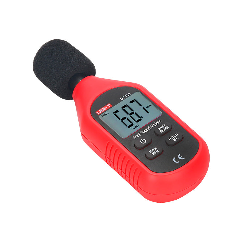 UNI-T UT353 Mini Sound Level Meter – 30–130 dB, A-Weighted, ±1.5 dB, Fast/Slow Response, MAX/MIN, 31.5Hz–8kHz, Compact Noise Meter with Windscreen - a red handheld device with a black foam windscreen, digital display showing 68.7 dBA, and four control buttons.