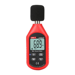 UNI-T UT353BT Mini Bluetooth Sound Level Meter – 30–130 dB, A-Weighted, ±1.5 dB, Fast/Slow Response, iENV App, MAX/MIN, Compact Noise Meter with Windscreen - red, featuring a digital display reading 68.9 dBA, a black foam microphone cover, and four control buttons.