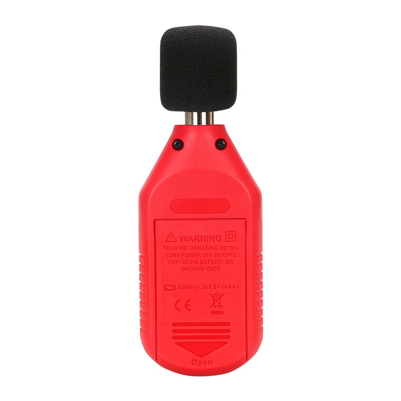 UNI-T UT353BT Mini Bluetooth Sound Level Meter – 30–130 dB, A-Weighted, ±1.5 dB, Fast/Slow Response, iENV App, MAX/MIN, Compact Noise Meter with Windscreen - a red handheld device with a black foam windscreen, shown from the back with a battery compartment warning label.