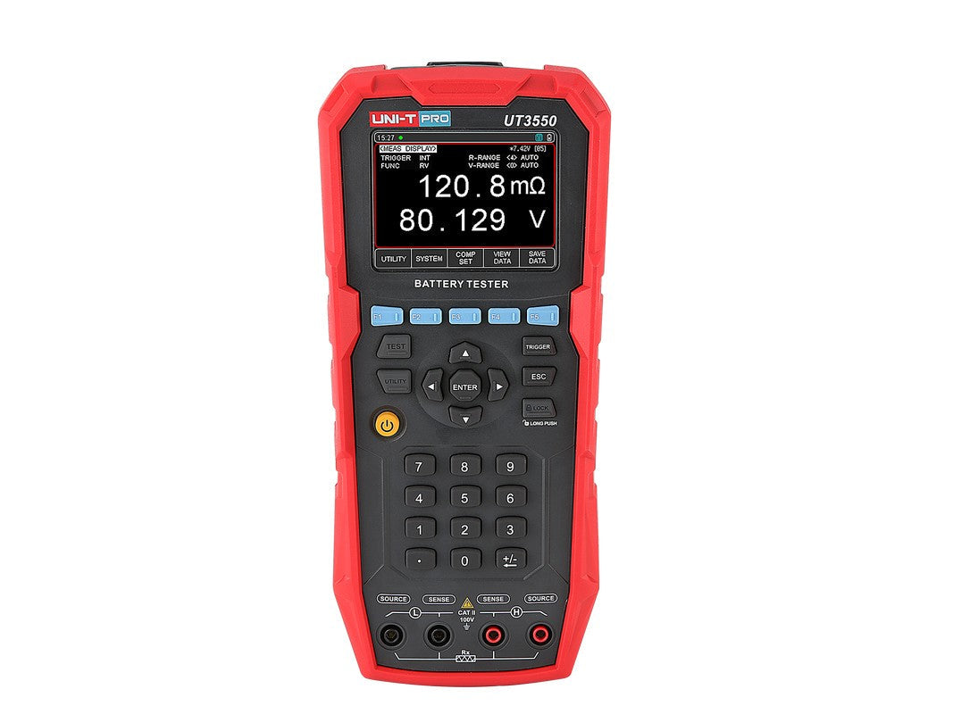 UNI-T UT3550 Handheld Battery Tester – Internal Resistance & Voltage - a digital screen with 120.8mΩ and 80.129V readings, keypad, and four bottom input ports.