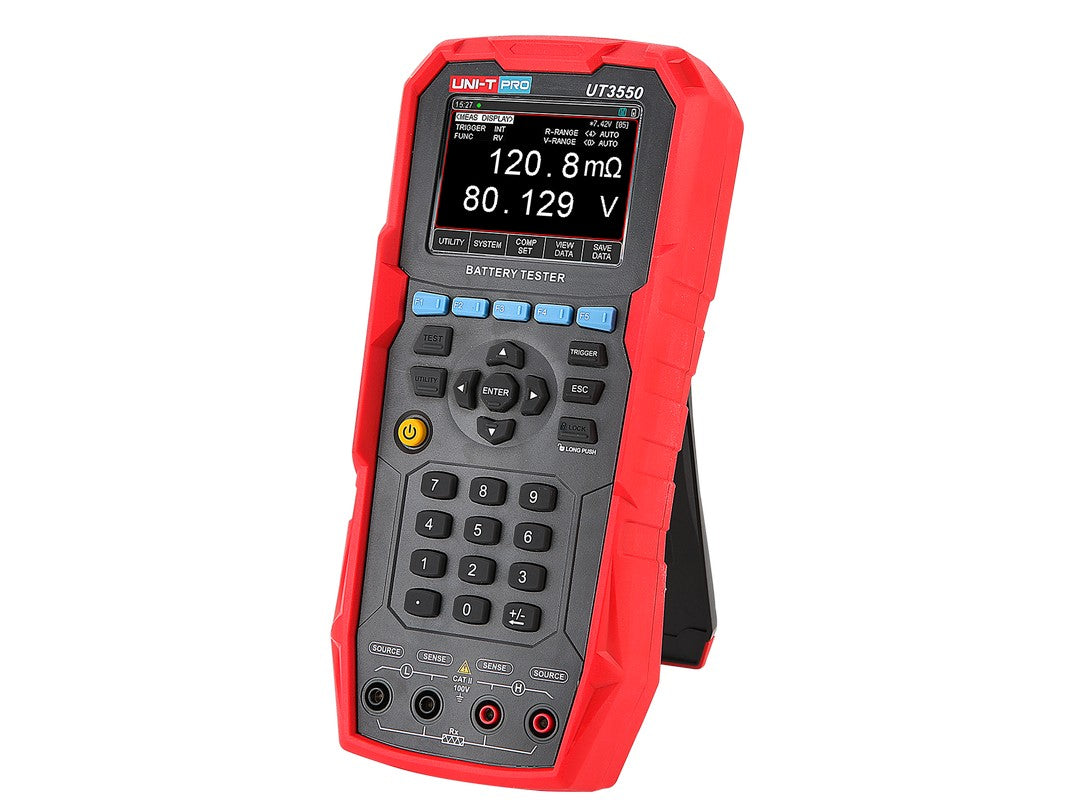 UNI-T UT3550 Handheld Battery Tester – Internal Resistance & Voltage - a digital screen reading 120.8mΩ and 80.129V, with keypad, navigation buttons, and ports.
