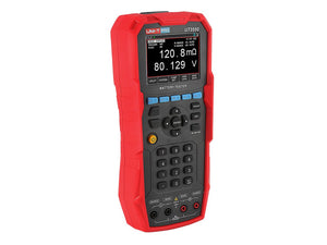 UNI-T UT3550 Handheld Battery Tester – Internal Resistance & Voltage - its keypad, screen displaying 120.8mΩ and 80.129 V, and four input ports at the base.