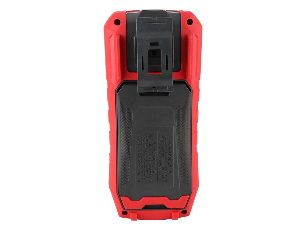 UNI-T UT3550 Handheld Battery Tester – Internal Resistance & Voltage - rear view showing the red and black casing, a black belt clip, and the battery compartment cover.